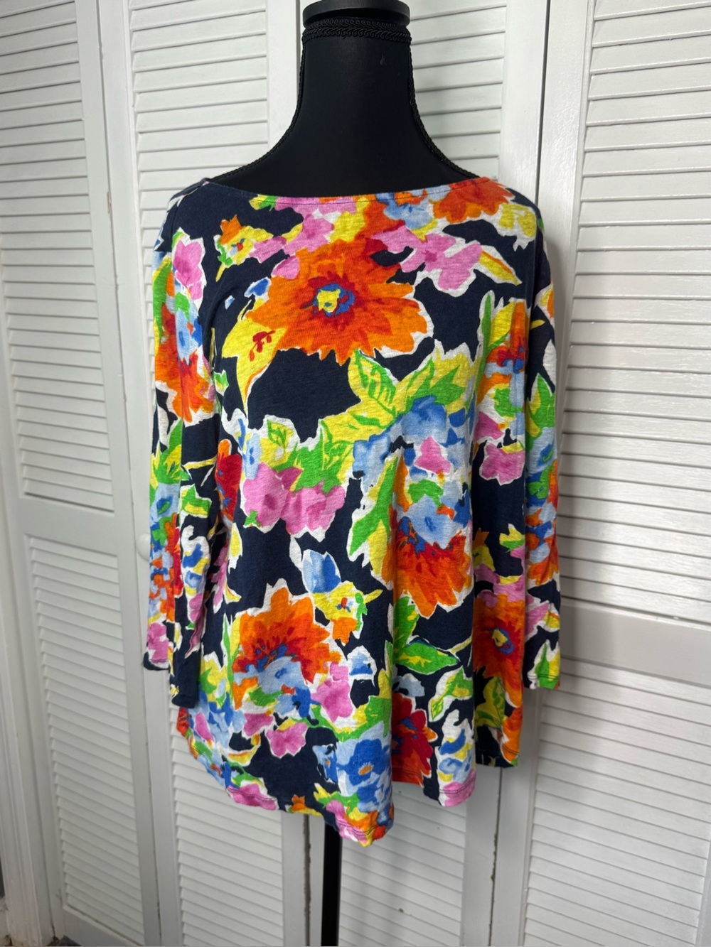 Ralph Lauren Navy Floral Boatneck Long-Sleeve Artsy Tropical Women Top 2X